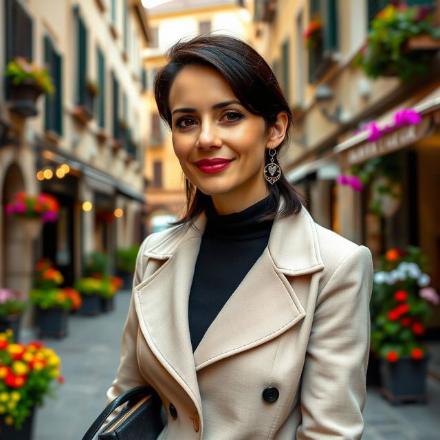 A 39-year-old woman with dark hair and striking Italian features, dressed elegantly in fashionable attire that complements her style