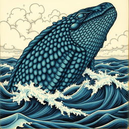 A traditional art depiction of a leviathan, featuring intricate details and textures that suggest the use of physical materials like charcoal, ink, and watercolor