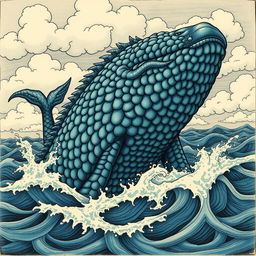 A traditional art depiction of a leviathan, featuring intricate details and textures that suggest the use of physical materials like charcoal, ink, and watercolor