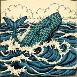 A traditional art depiction of a leviathan, featuring intricate details and textures that suggest the use of physical materials like charcoal, ink, and watercolor