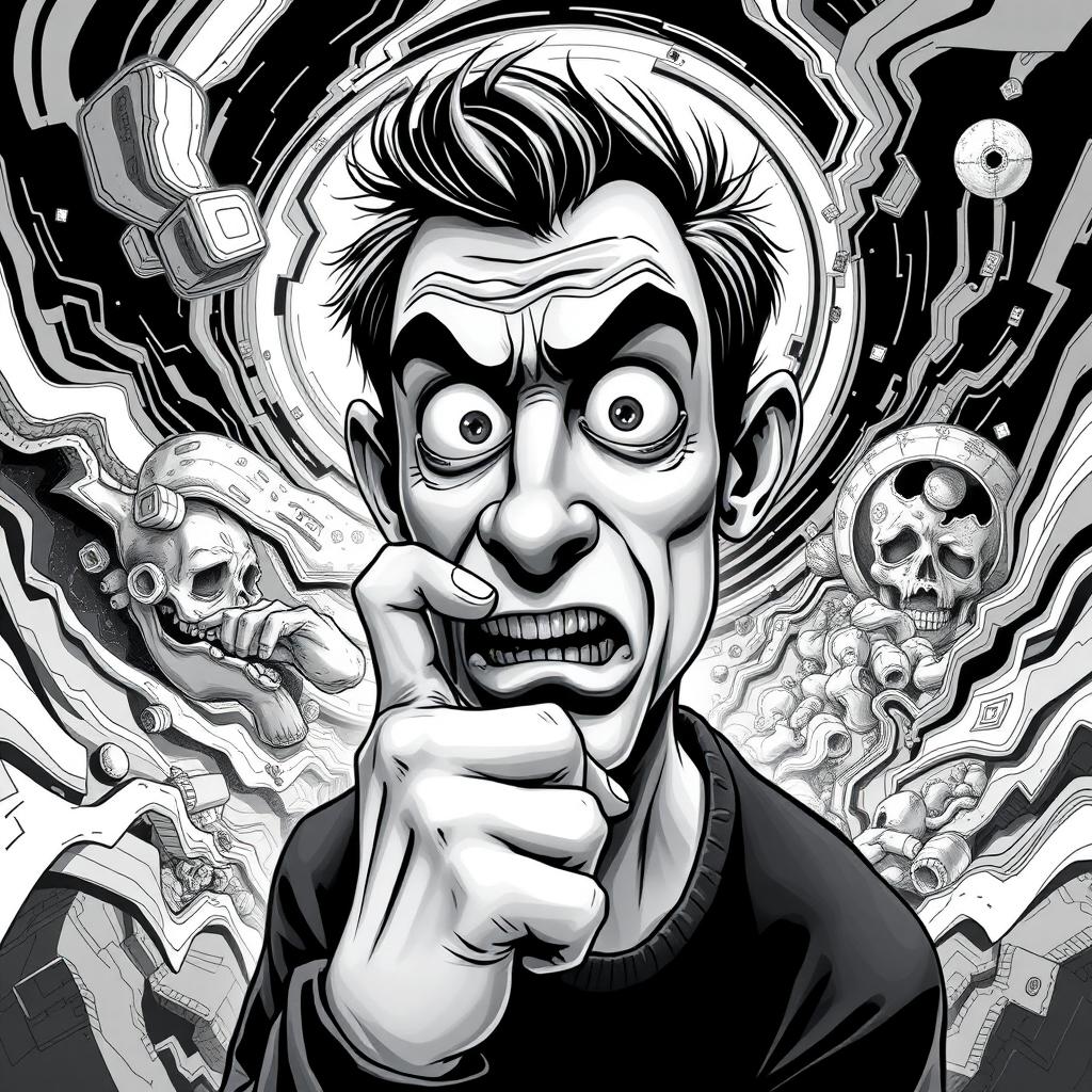 A surreal black and white illustration of a 2D nervous man biting his finger, set in an abstract and dreamlike environment