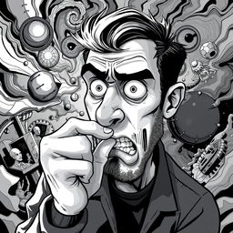 A surreal black and white illustration of a 2D nervous man biting his finger, set in an abstract and dreamlike environment