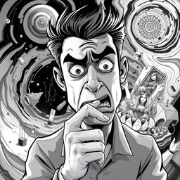A surreal black and white illustration of a 2D nervous man biting his finger, set in an abstract and dreamlike environment