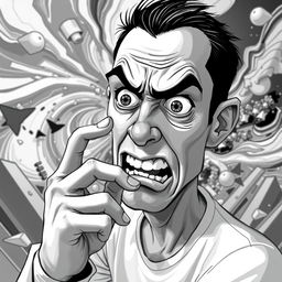 A surreal black and white illustration of a 2D nervous man biting his finger, set in an abstract and dreamlike environment