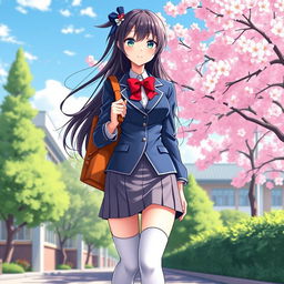 A stylish and vibrant depiction of a school girl wearing a form-fitting Japanese school uniform made of shiny latex