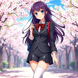 A stylish and vibrant depiction of a school girl wearing a form-fitting Japanese school uniform made of shiny latex