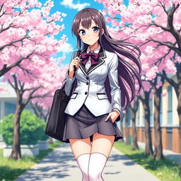 A stylish and vibrant depiction of a school girl wearing a form-fitting Japanese school uniform made of shiny latex