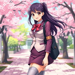 A stylish and vibrant depiction of a school girl wearing a form-fitting Japanese school uniform made of shiny latex
