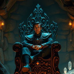 A handsome medium-aged man with dark hair seated confidently on an intricately carved wooden throne, located in a dimly lit underground room