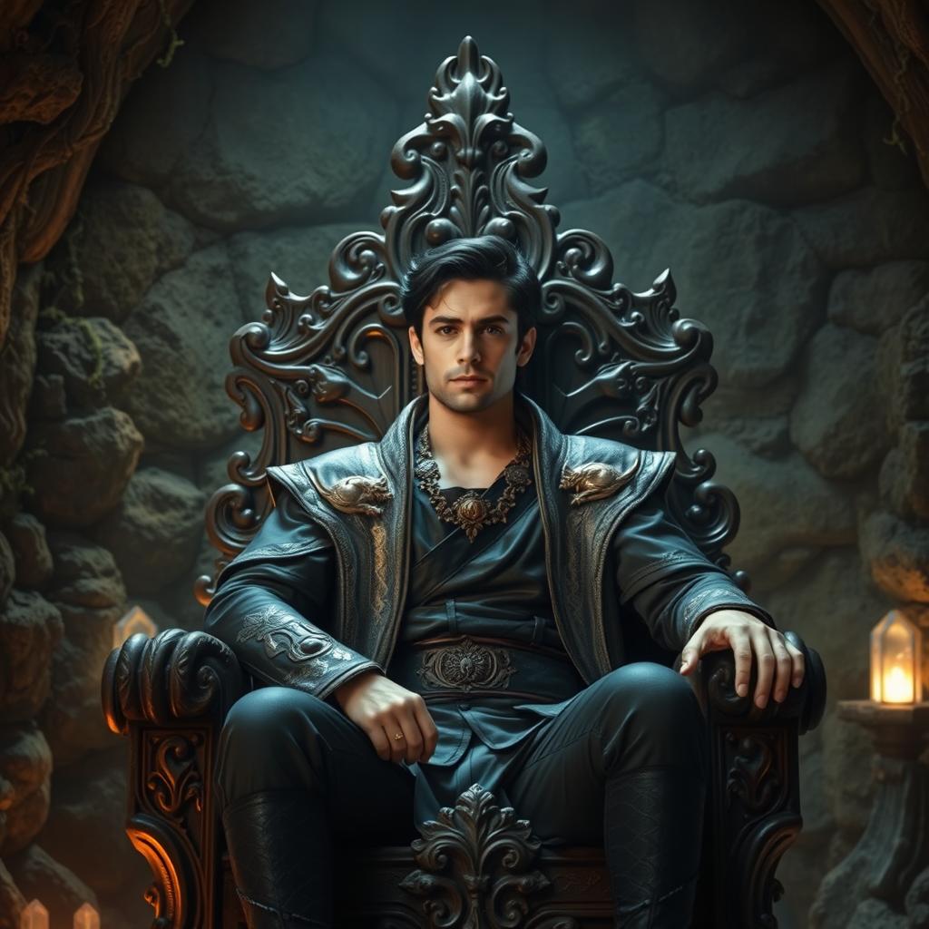 A handsome medium-aged man with dark hair seated confidently on an intricately carved wooden throne, located in a dimly lit underground room