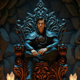 A handsome medium-aged man with dark hair seated confidently on an intricately carved wooden throne, located in a dimly lit underground room