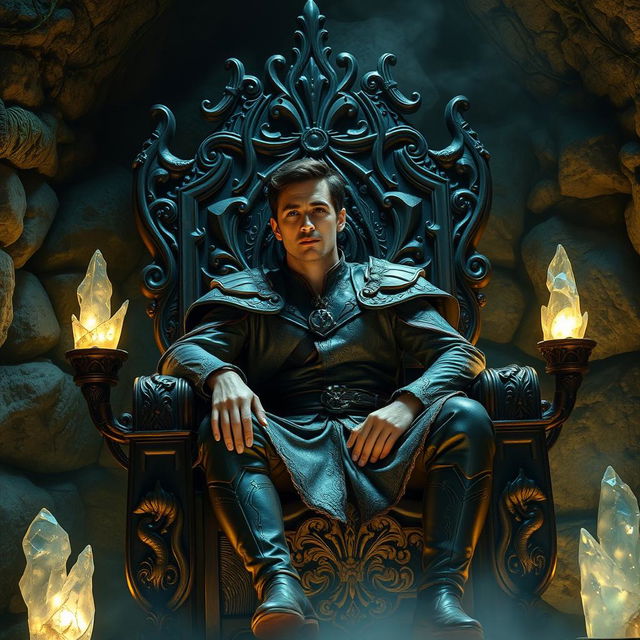 A handsome medium-aged man with dark hair seated confidently on an intricately carved wooden throne, located in a dimly lit underground room