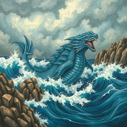 A majestic leviathan rising from the ocean waves, depicted in a traditional art style