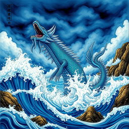 A majestic leviathan rising from the ocean waves, depicted in a traditional art style