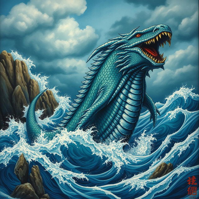 A majestic leviathan rising from the ocean waves, depicted in a traditional art style