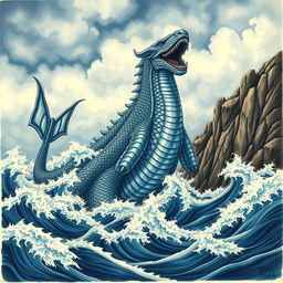 A majestic leviathan rising from the ocean waves, depicted in a traditional art style
