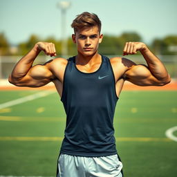 A teenage male athlete showcasing impressive muscle definition with toned arms and a well-defined six-pack