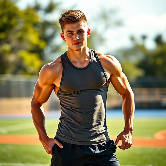 A teenage male athlete showcasing impressive muscle definition with toned arms and a well-defined six-pack