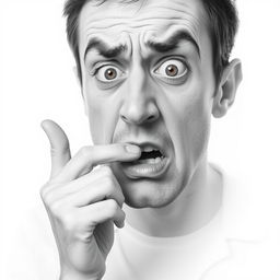 A nonrealistic depiction of a nervous man biting his finger, primarily in black and white with a predominance of white tones
