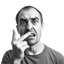 A nonrealistic depiction of a nervous man biting his finger, primarily in black and white with a predominance of white tones