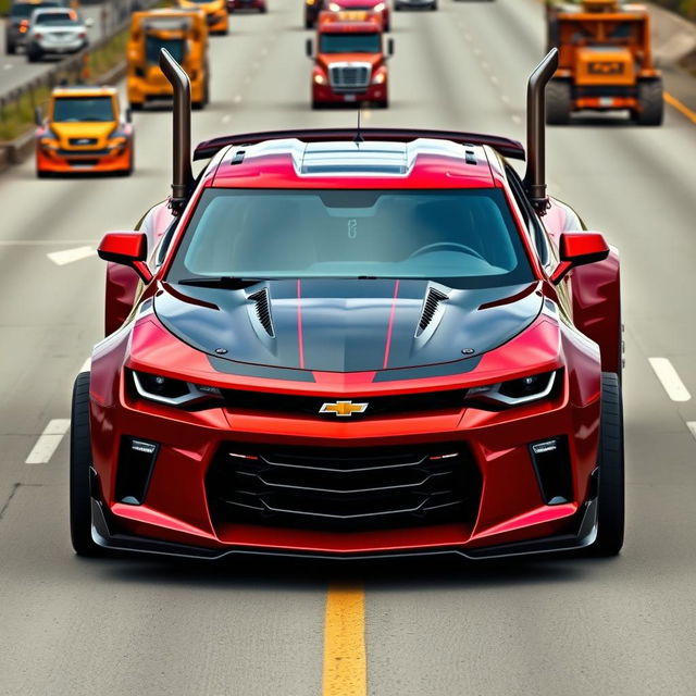 A Chevrolet Camaro designed as a semi-truck, showcasing an innovative fusion of muscle car aesthetics and heavy-duty truck features