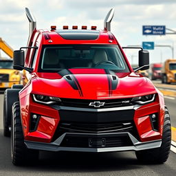 A Chevrolet Camaro designed as a semi-truck, showcasing an innovative fusion of muscle car aesthetics and heavy-duty truck features