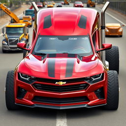 A Chevrolet Camaro designed as a semi-truck, showcasing an innovative fusion of muscle car aesthetics and heavy-duty truck features