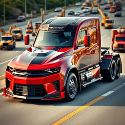 A Chevrolet Camaro designed as a semi-truck, showcasing an innovative fusion of muscle car aesthetics and heavy-duty truck features
