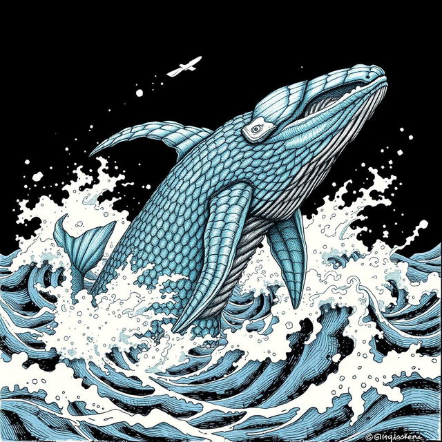 An intricate and majestic illustration of a leviathan, showcasing its colossal form swimming through turbulent ocean waters