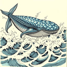 An intricate and majestic illustration of a leviathan, showcasing its colossal form swimming through turbulent ocean waters