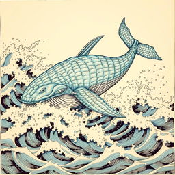 An intricate and majestic illustration of a leviathan, showcasing its colossal form swimming through turbulent ocean waters