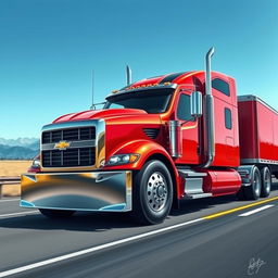 A vividly detailed illustration of a Chevrolet Camaro designed as a semi-truck, showcasing the sleek and muscular body of the Camaro transformed into a large, powerful truck
