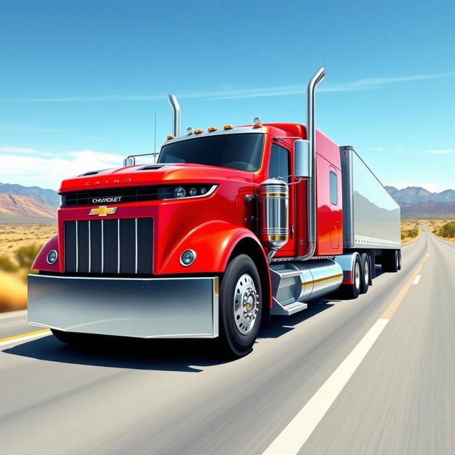 A vividly detailed illustration of a Chevrolet Camaro designed as a semi-truck, showcasing the sleek and muscular body of the Camaro transformed into a large, powerful truck