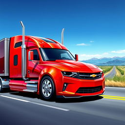 A vividly detailed illustration of a Chevrolet Camaro designed as a semi-truck, showcasing the sleek and muscular body of the Camaro transformed into a large, powerful truck