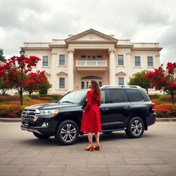 On a cloudy day, a majestic two-story neoclassical hall with a cream-white facade dominates the scene, surrounded by a vibrant courtyard flourishing with red flowers