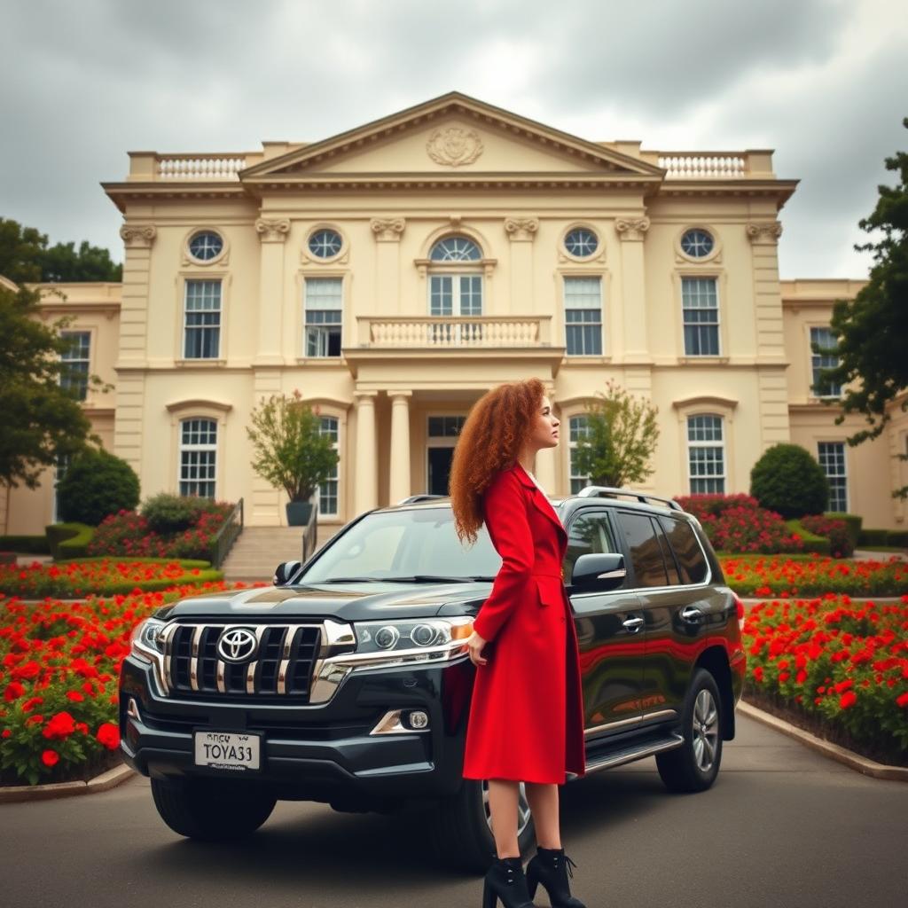 On a cloudy day, a majestic two-story neoclassical hall with a cream-white facade dominates the scene, surrounded by a vibrant courtyard flourishing with red flowers