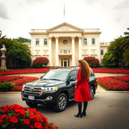 On a cloudy day, a majestic two-story neoclassical hall with a cream-white facade dominates the scene, surrounded by a vibrant courtyard flourishing with red flowers