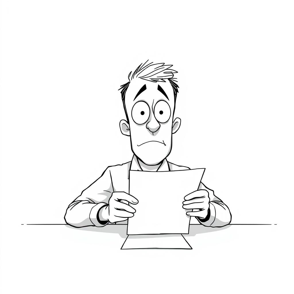 A nonrealistic illustration of a man filling out a form, primarily in black and white with a focus on white tones