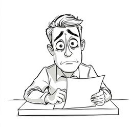 A nonrealistic illustration of a man filling out a form, primarily in black and white with a focus on white tones