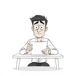 A nonrealistic illustration of a man filling out a form, primarily in black and white with a focus on white tones
