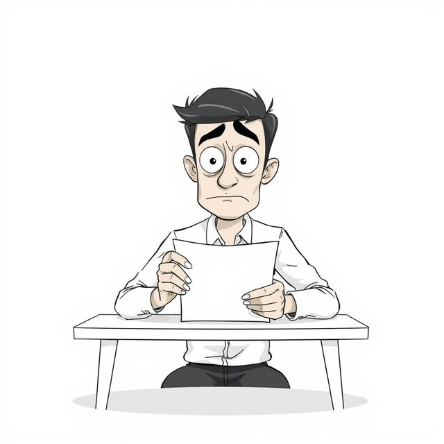 A nonrealistic illustration of a man filling out a form, primarily in black and white with a focus on white tones