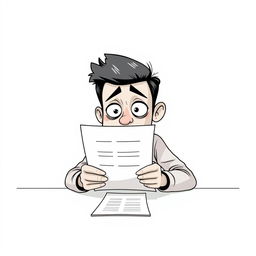 A nonrealistic illustration of a man filling out a form, primarily in black and white with a focus on white tones