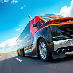 A Chevrolet Camaro transformed into a semi-truck, showcasing a unique fusion of sports car design with truck features