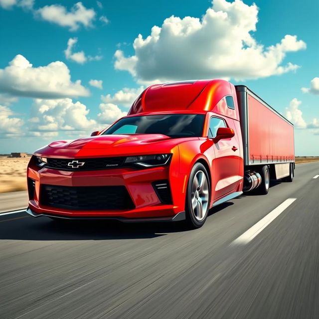 A Chevrolet Camaro transformed into a semi-truck, showcasing a unique fusion of sports car design with truck features