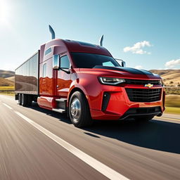 A Chevrolet Camaro designed as a semi-truck, showcasing the iconic sporty features of the Camaro integrated into a large semi-truck body