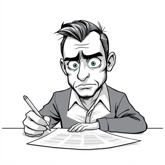 A nonrealistic depiction of a man filling out a form with a pen, primarily illustrated in black and white with a focus on white tones