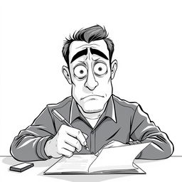 A nonrealistic depiction of a man filling out a form with a pen, primarily illustrated in black and white with a focus on white tones