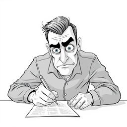 A nonrealistic depiction of a man filling out a form with a pen, primarily illustrated in black and white with a focus on white tones
