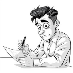 A nonrealistic depiction of a man filling out a form with a pen, primarily illustrated in black and white with a focus on white tones