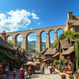 A vibrant medieval city scene featuring a grand aqueduct gracefully spanning the center of the image